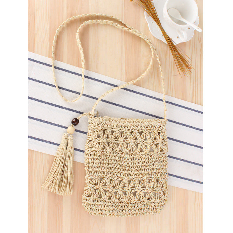 Simple Hollow Out Cutout Tassel Crossbody Crochet Cotton Bag