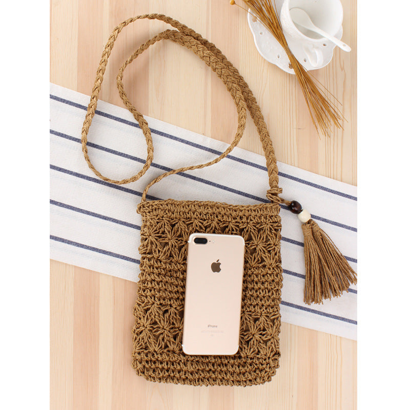 Simple Hollow Out Cutout Tassel Crossbody Crochet Cotton Bag