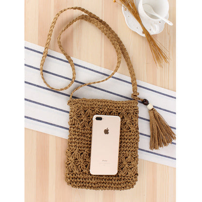 Simple Hollow Out Cutout Tassel Crossbody Crochet Cotton Bag