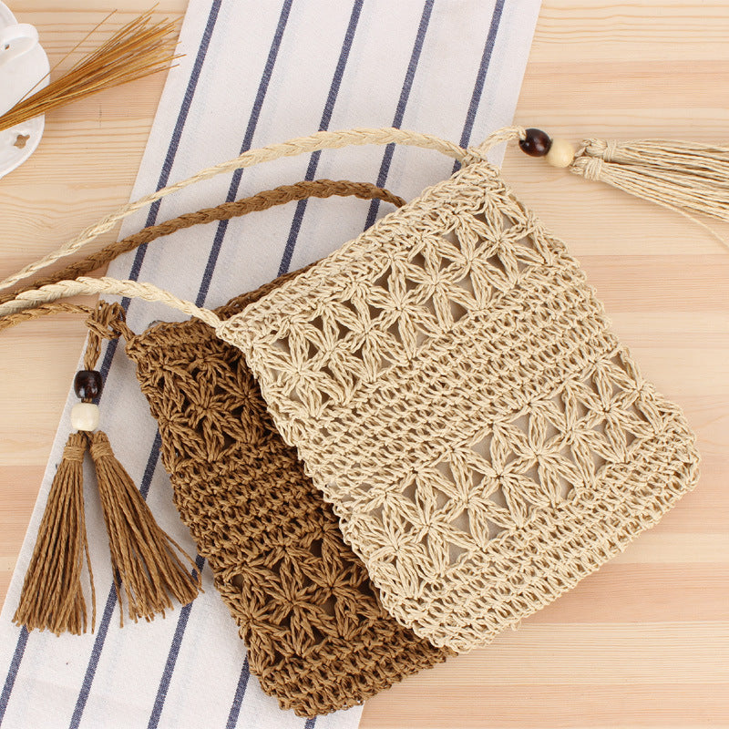 Simple Hollow Out Cutout Tassel Crossbody Crochet Cotton Bag