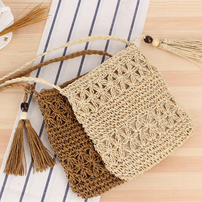 Simple Hollow Out Cutout Tassel Crossbody Crochet Cotton Bag