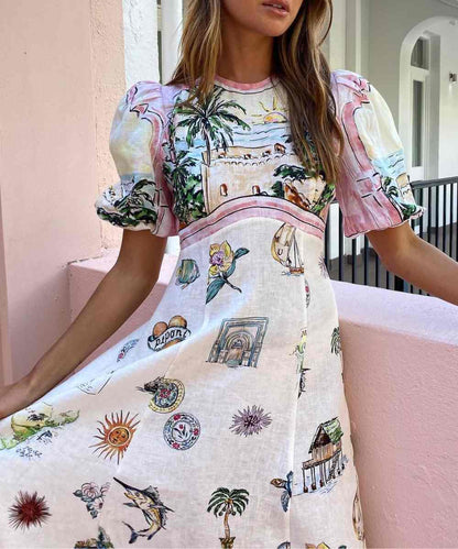 Seaside Town Graffiti Print Maxi Dress