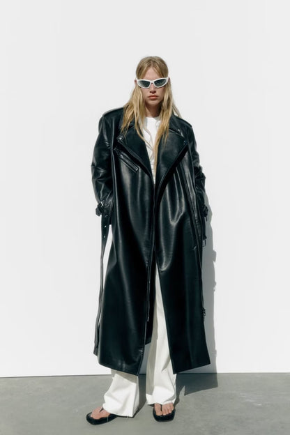 Black Faux Leather Trench Coat