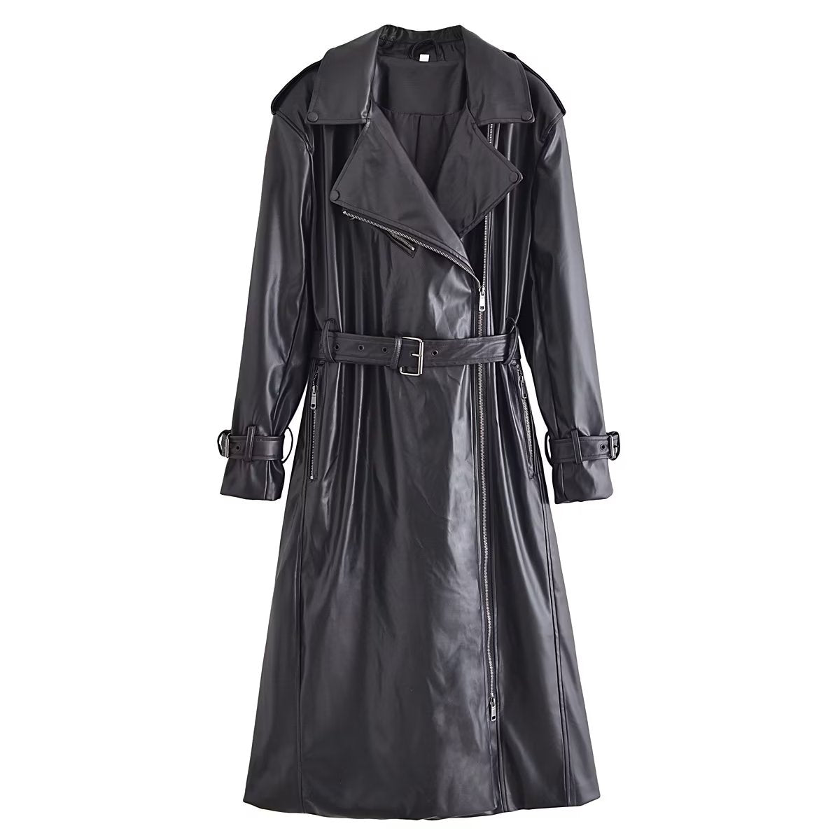 Black Faux Leather Trench Coat