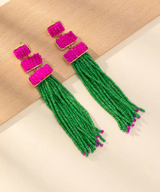 Bold Beaded Fringe Statement Earrings – Fuchsia & Emerald