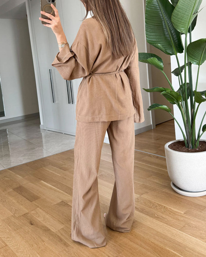 Casual Solid Color Lappel Top & Pants Two-Piece Set