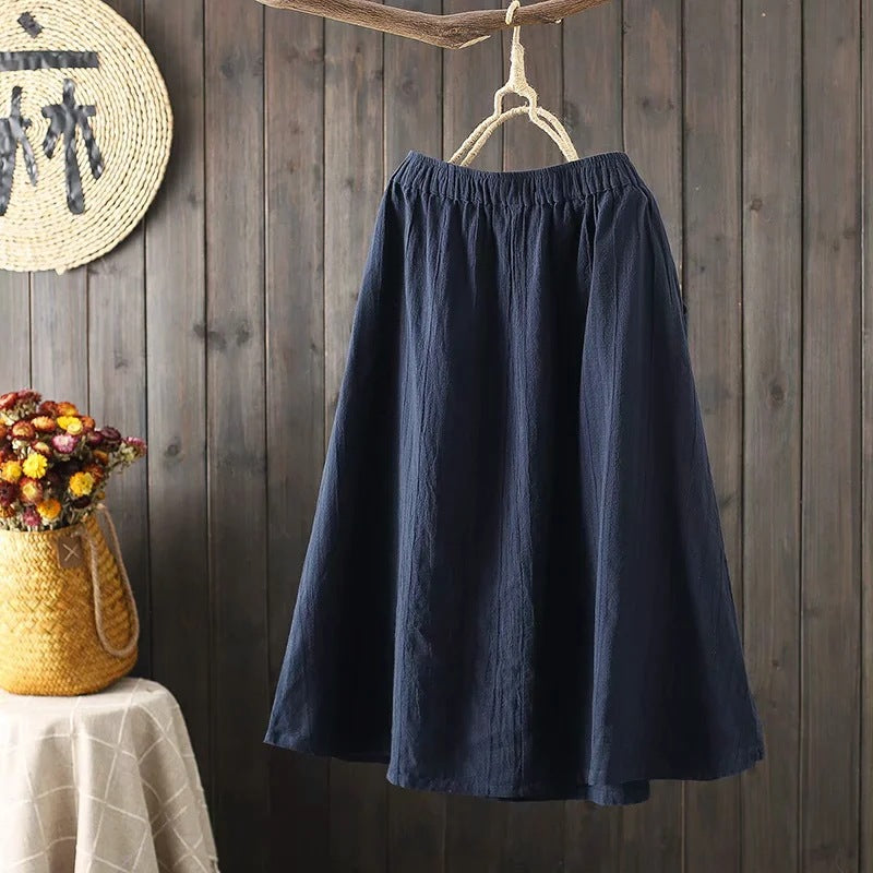 Cotton Linen Vertical Stripe Casual Skirt