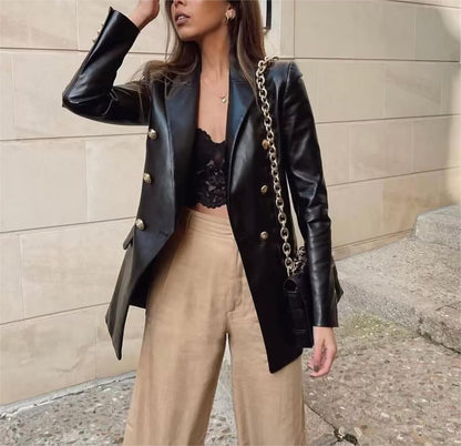 Faux Leather Double Breasted Blazer Loose Faux Leather