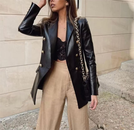 Faux Leather Double Breasted Blazer Loose Faux Leather
