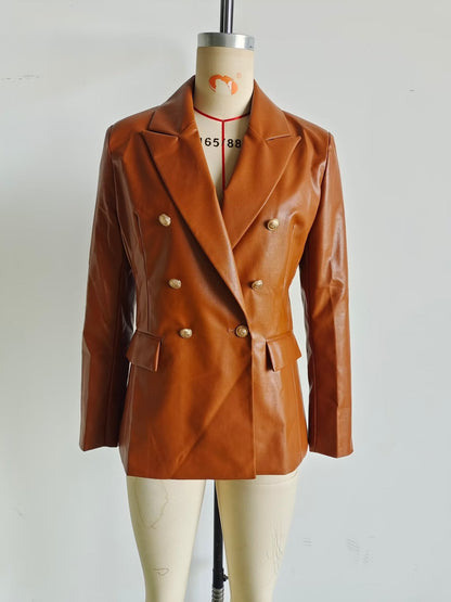 Faux Leather Double Breasted Blazer Loose Faux Leather