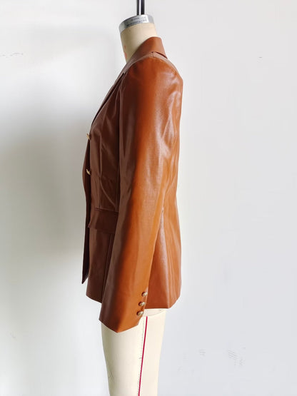 Faux Leather Double Breasted Blazer Loose Faux Leather