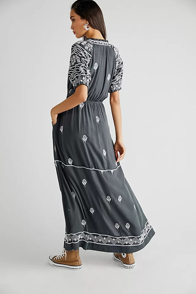 Trendy Cotton Embroidered Lace Up Maxi