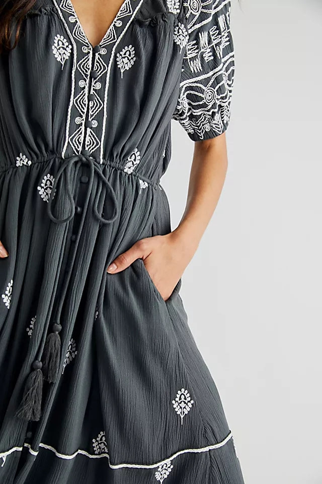 Trendy Cotton Embroidered Lace Up Maxi