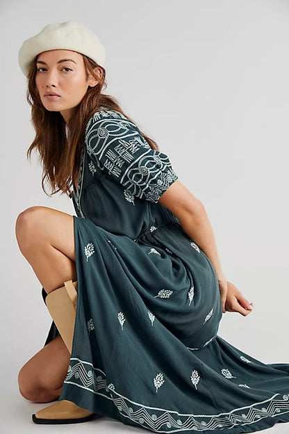 Trendy Cotton Embroidered Lace Up Maxi