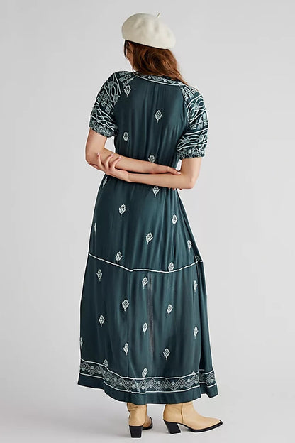Trendy Cotton Embroidered Lace Up Maxi
