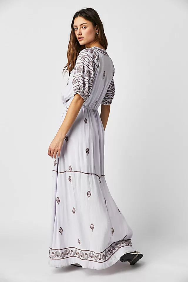 Trendy Cotton Embroidered Lace Up Maxi