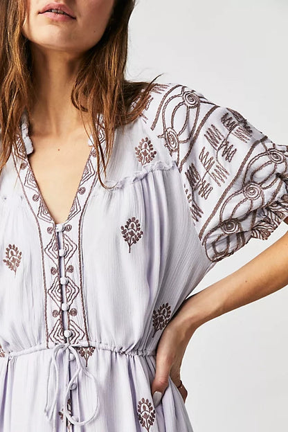 Trendy Cotton Embroidered Lace Up Maxi