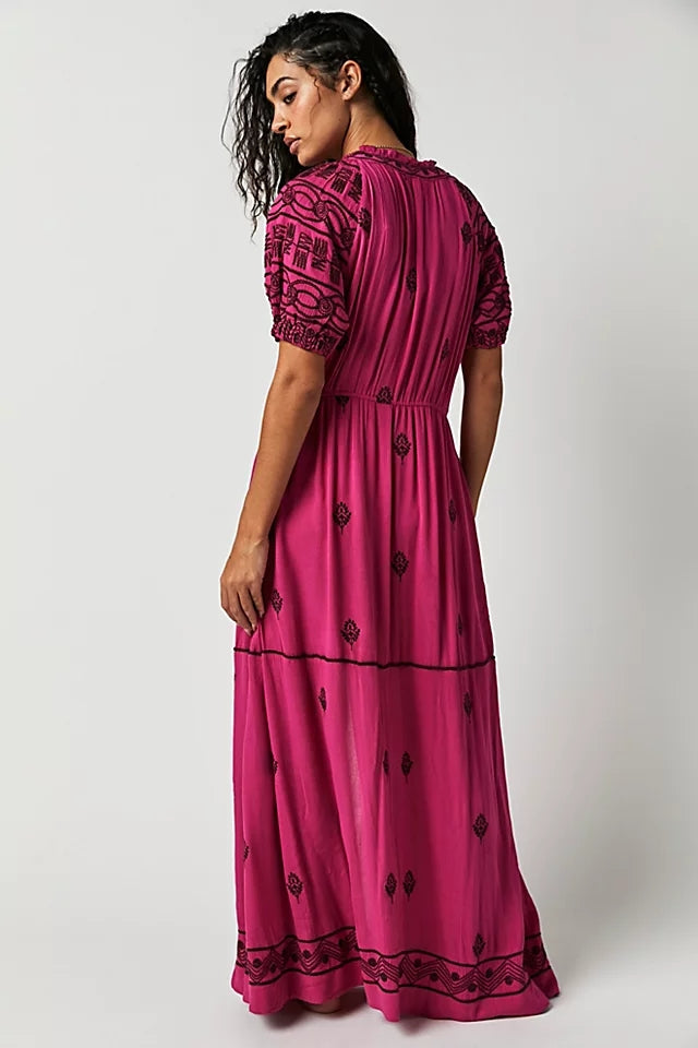 Trendy Cotton Embroidered Lace Up Maxi