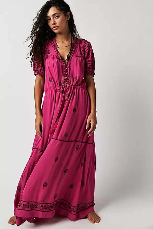 Trendy Cotton Embroidered Lace Up Maxi