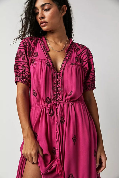 Trendy Cotton Embroidered Lace Up Maxi