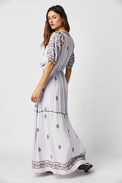 Trendy Cotton Embroidered Lace Up Maxi