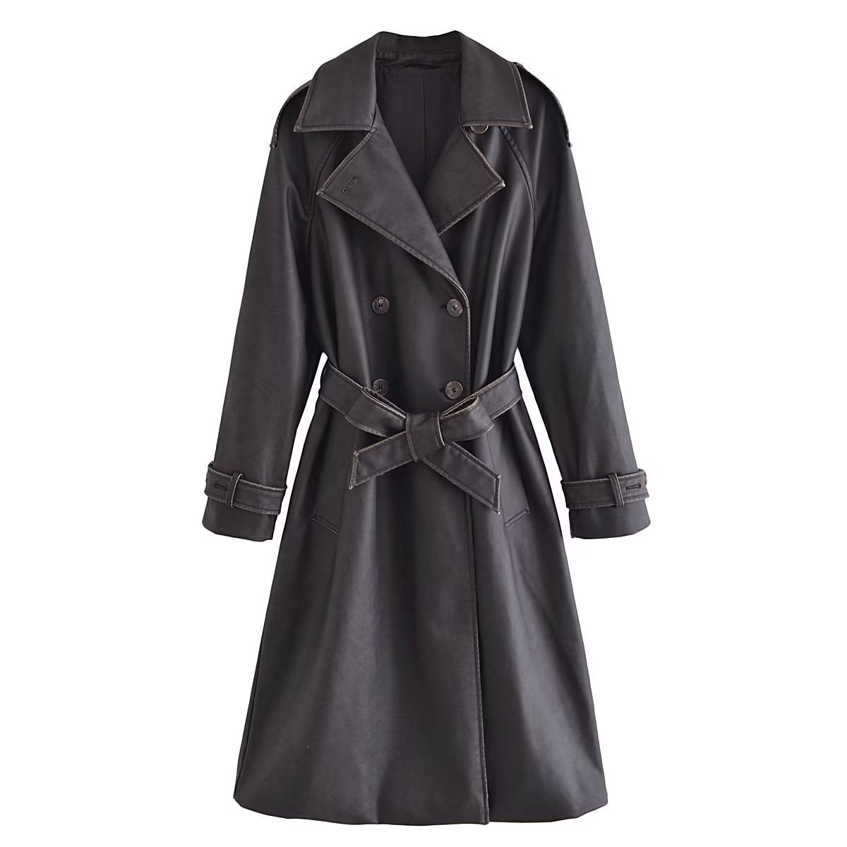 Faux Leather Distressed Trench Coat