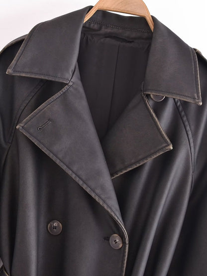 Faux Leather Distressed Trench Coat