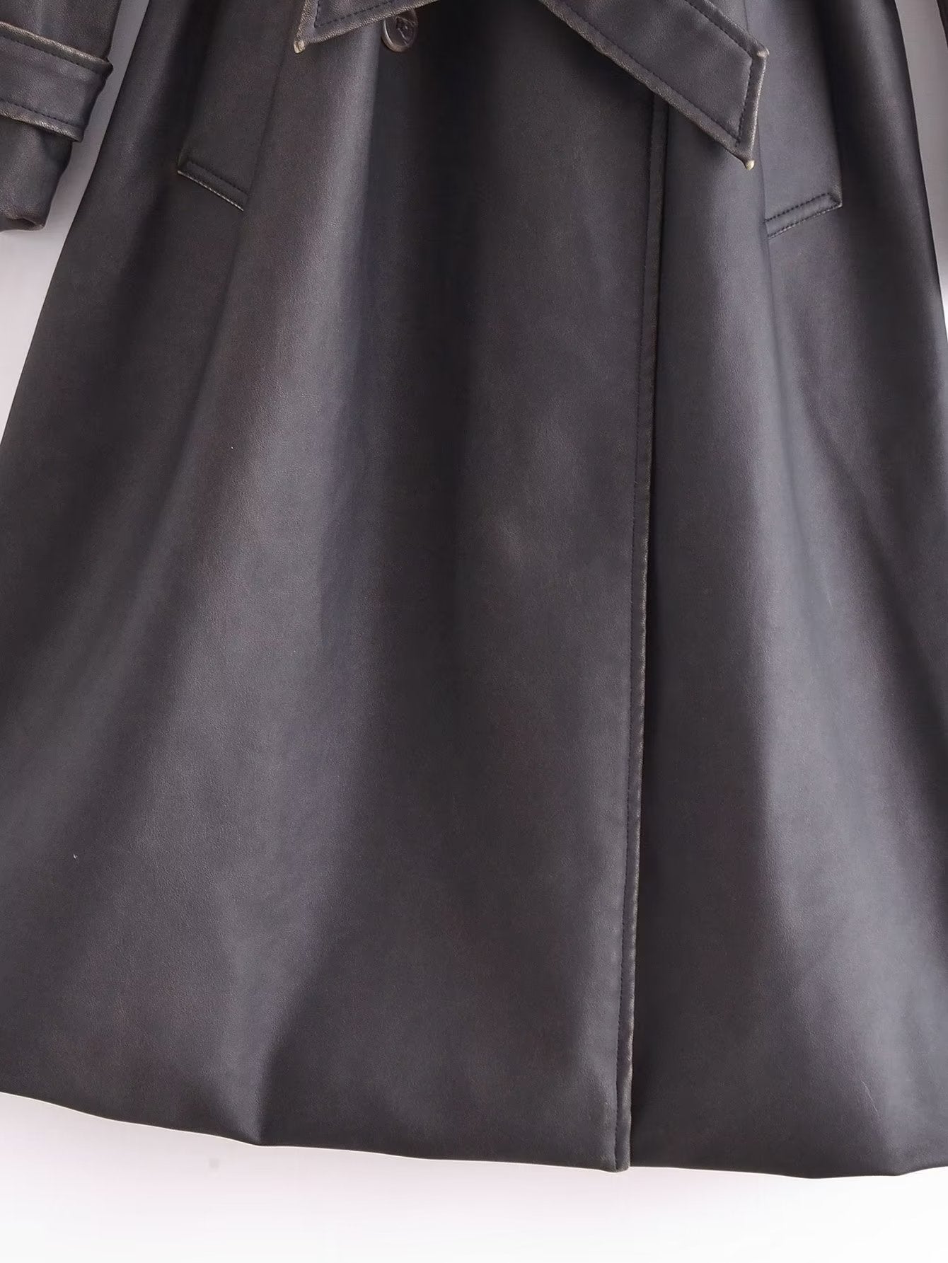 Faux Leather Distressed Trench Coat