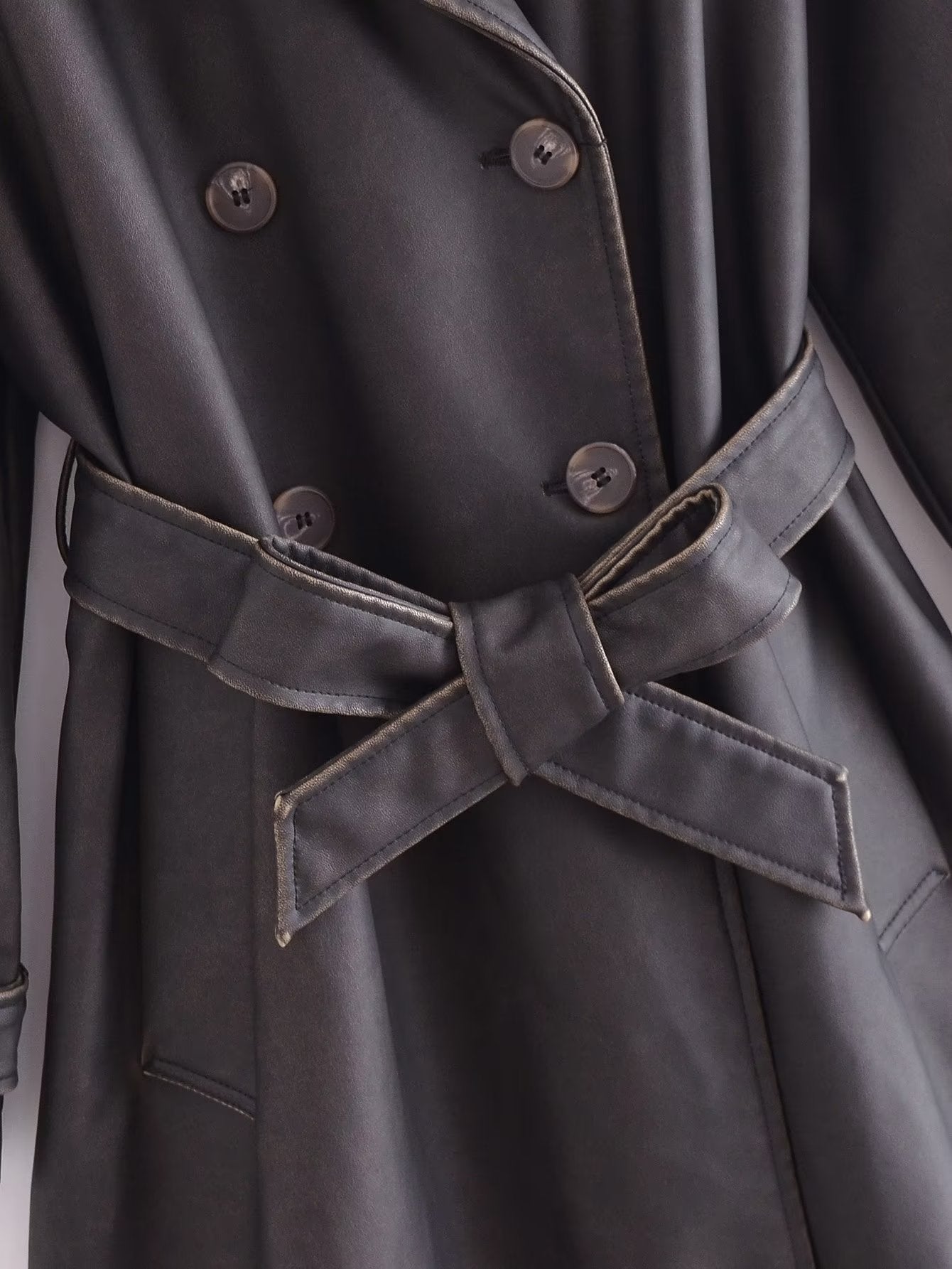 Faux Leather Distressed Trench Coat