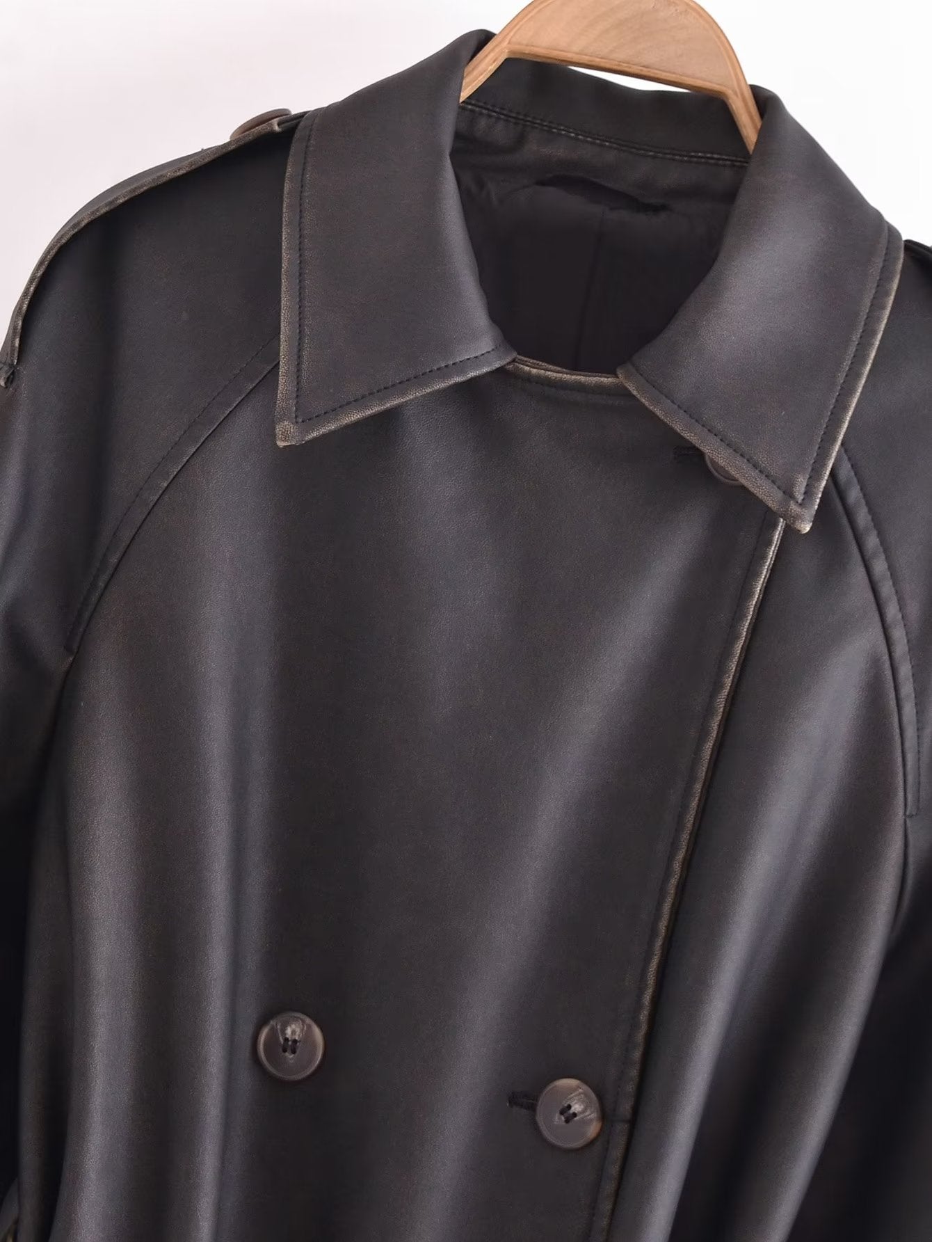 Faux Leather Distressed Trench Coat