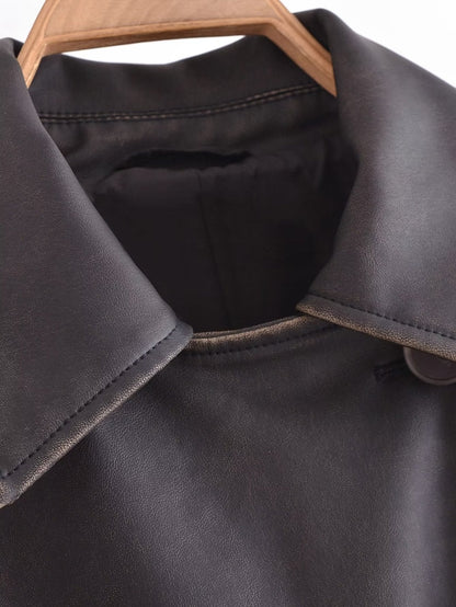 Faux Leather Distressed Trench Coat