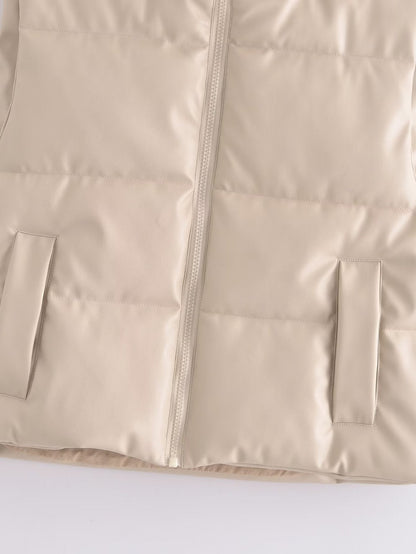Faux Leather Sleeveless Padded Jacket Vest