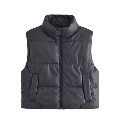 Faux Leather Sleeveless Padded Jacket Vest