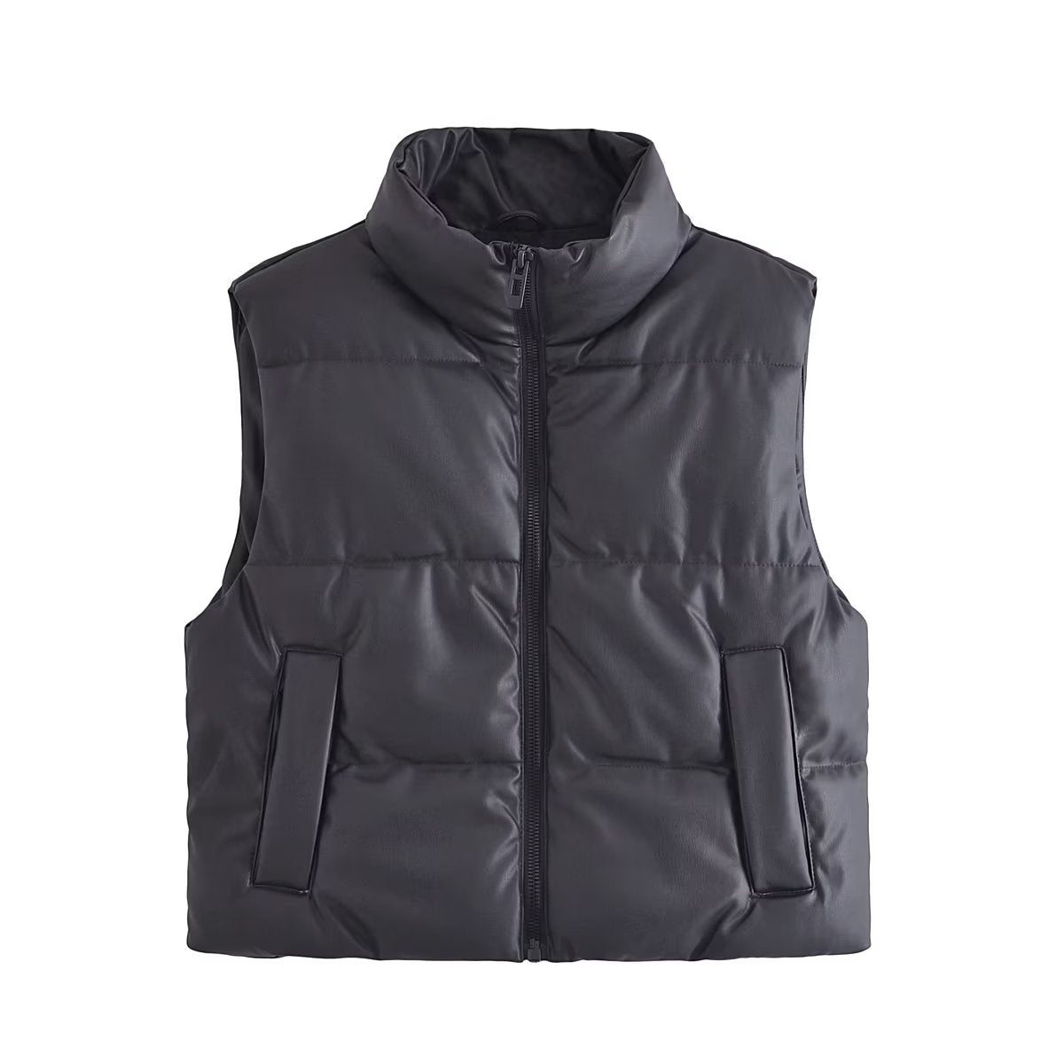 Faux Leather Sleeveless Padded Jacket Vest