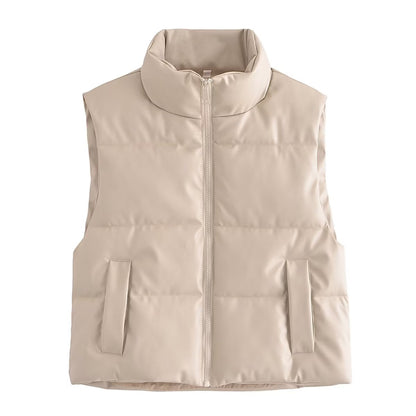 Faux Leather Sleeveless Padded Jacket Vest