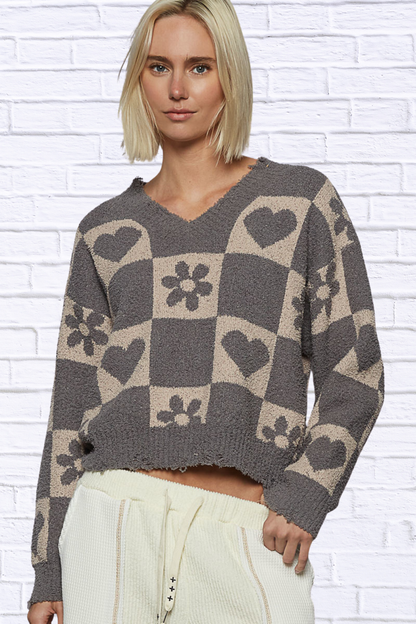 POL V-Neck Heart Pattern Checkered Sweater