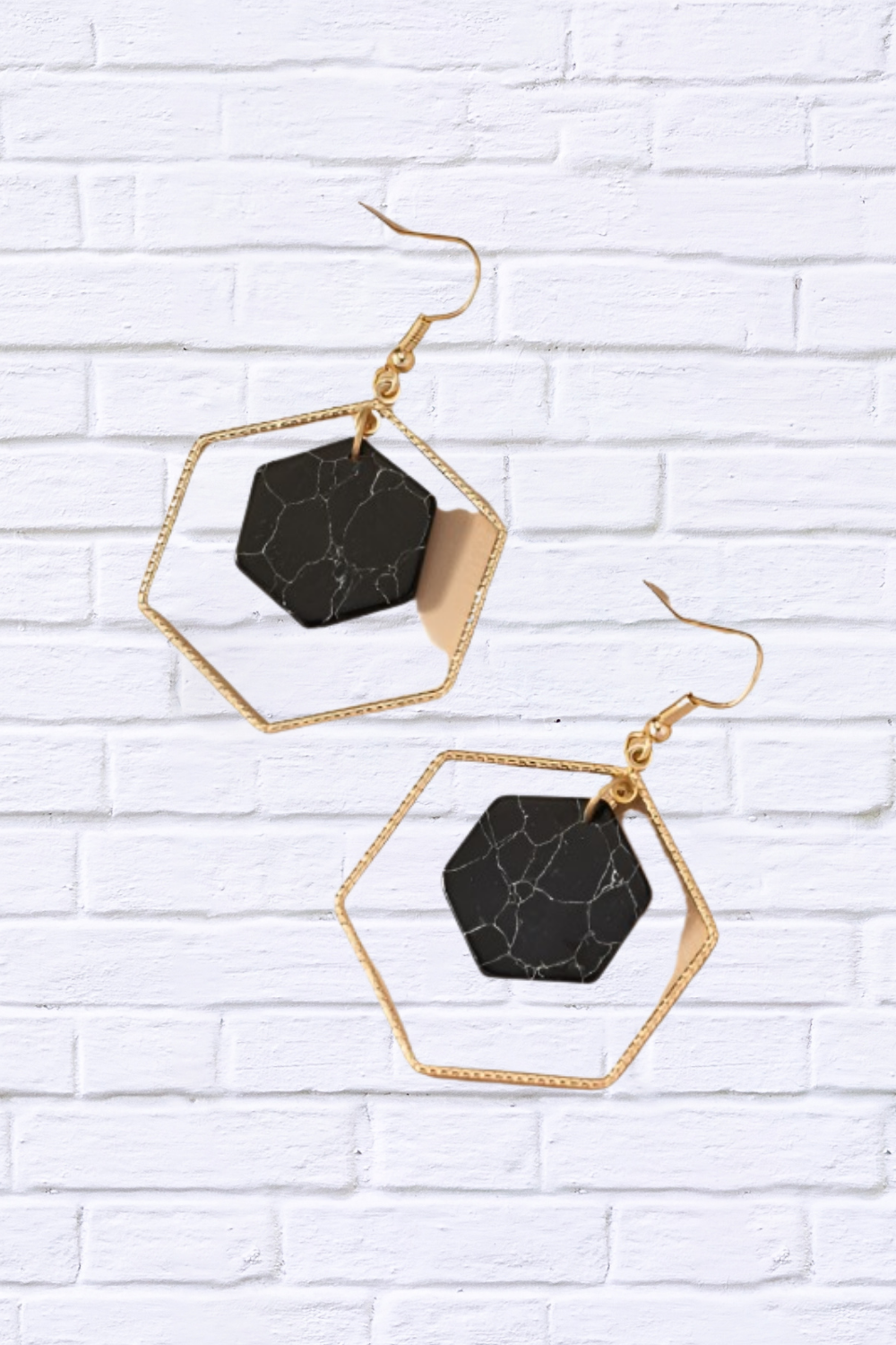Hexagon Hoop and Stone Drop Earrings
