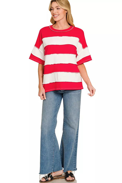 Zenana French Terry Striped Exposed Seam Top