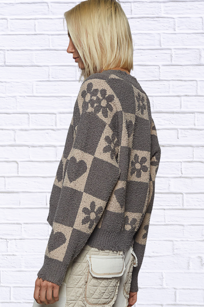 POL V-Neck Heart Pattern Checkered Sweater