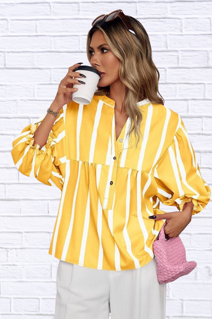 Striped Button Front Notched Blouse
