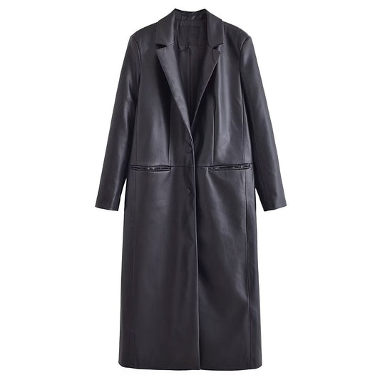 Faux Leather Long Sleeve Overcoat