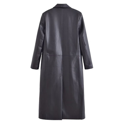 Faux Leather Long Sleeve Overcoat