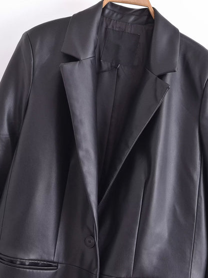 Faux Leather Long Sleeve Overcoat
