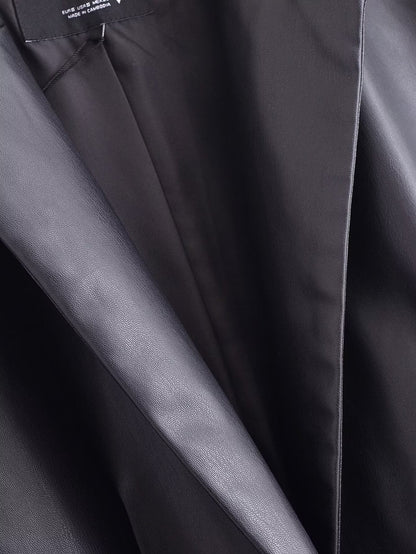 Faux Leather Long Sleeve Overcoat