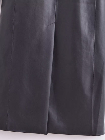 Faux Leather Long Sleeve Overcoat