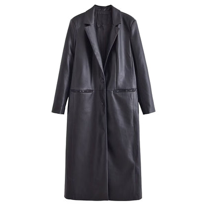 Faux Leather Long Sleeve Overcoat