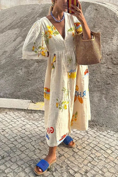 Rosiedress V Neck Button Down Tropic Print Sun-kissed Maxi Holiday Dress