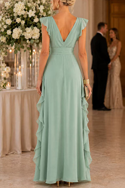 V Neck High Waist Solid Ruffle Maxi Dress