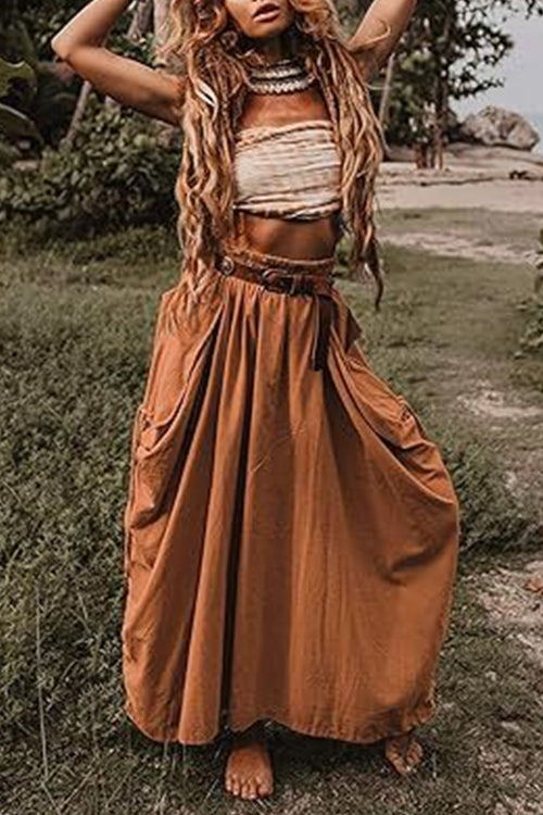 Side Drawstring Ruched Cotton Linen Baggy Maxi Skirt Yellow