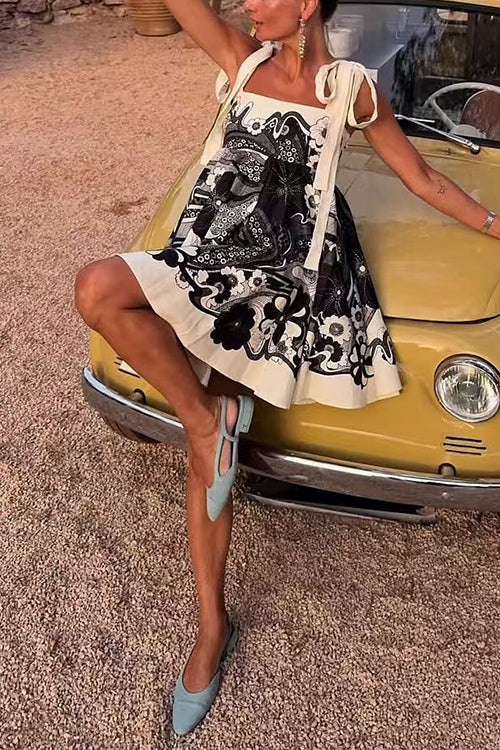 Bow Shoulder Sleeveless High Waist Floral Print Mini Dress